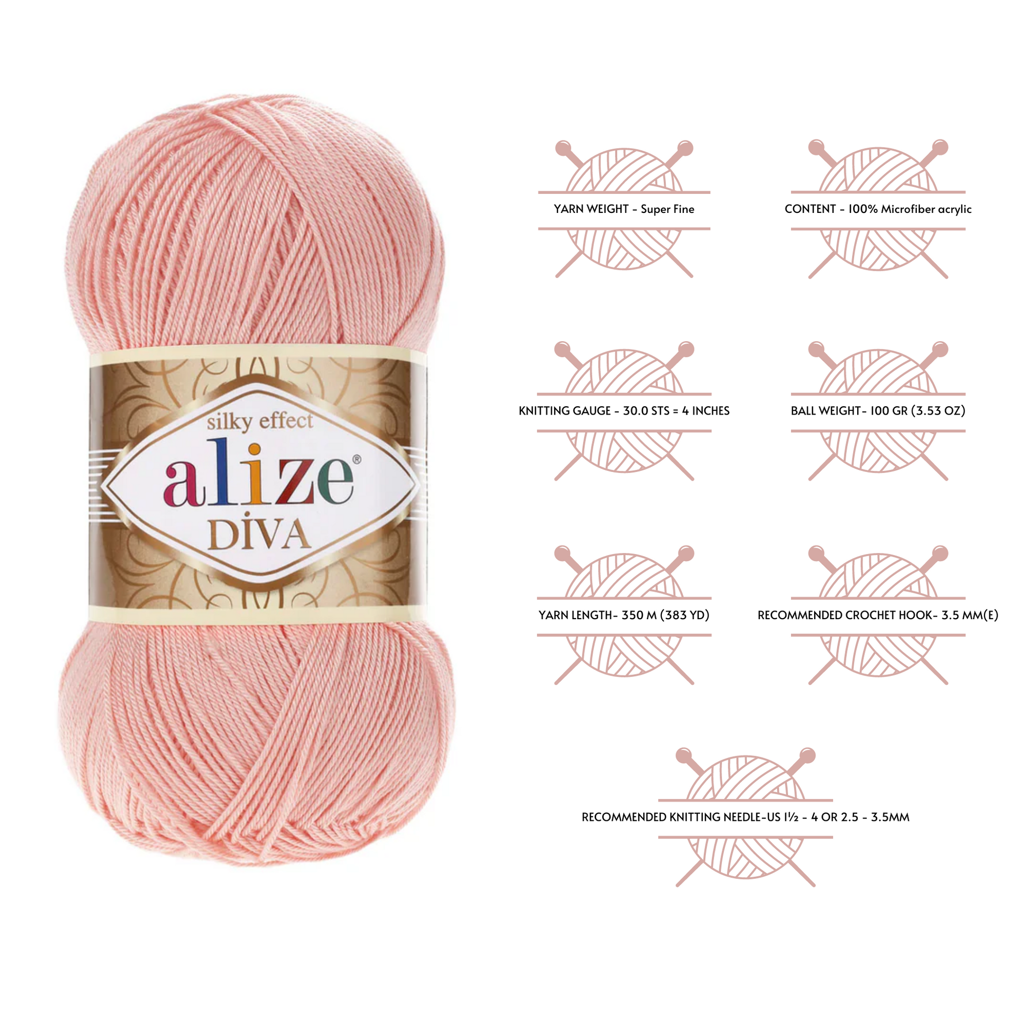 Alize Diva Silky Effect 100% Microfiber Acrylic Yarn - Powder Pink (145)