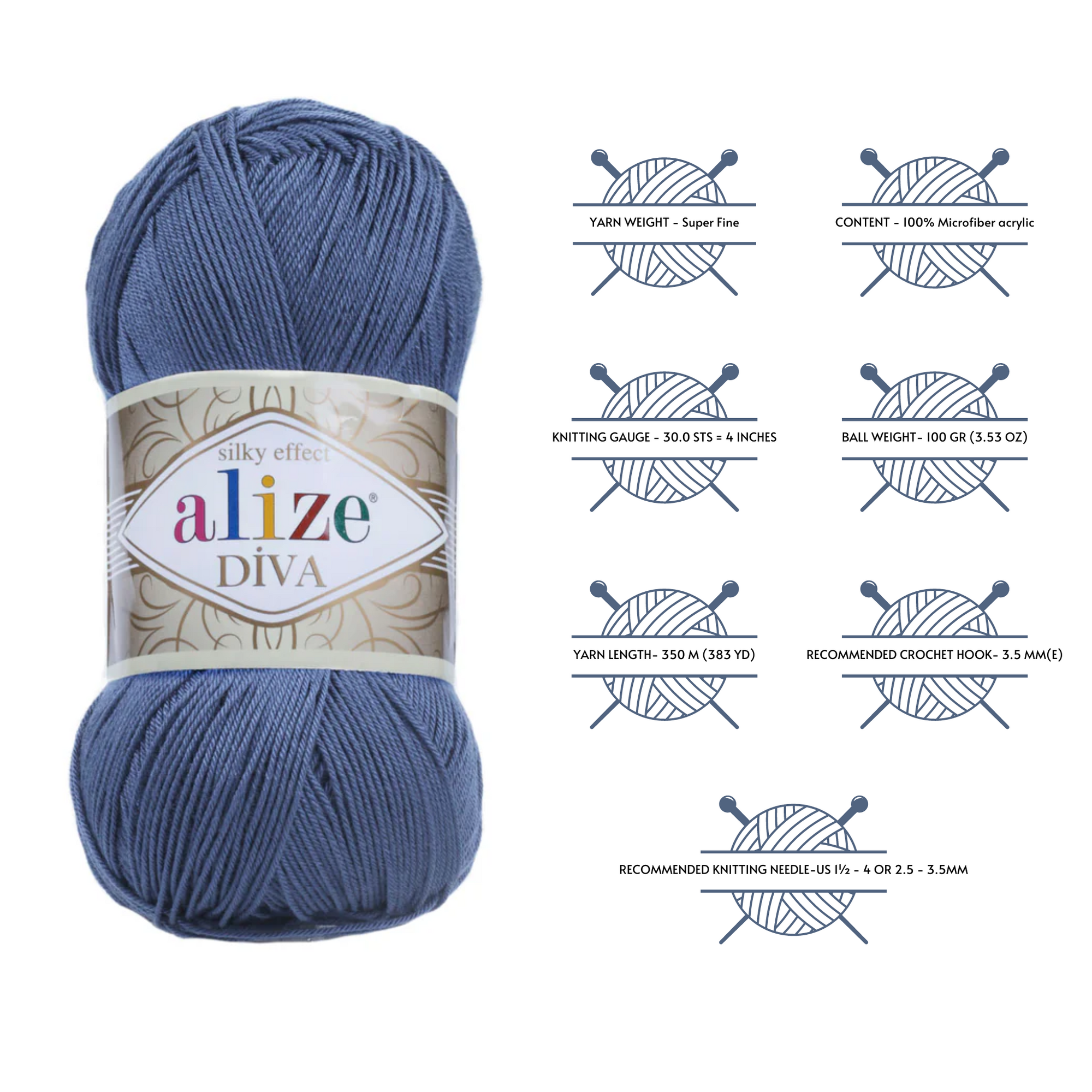 Alize Diva Silky Effect 100% Microfiber Acrylic Yarn - Indigo (353)