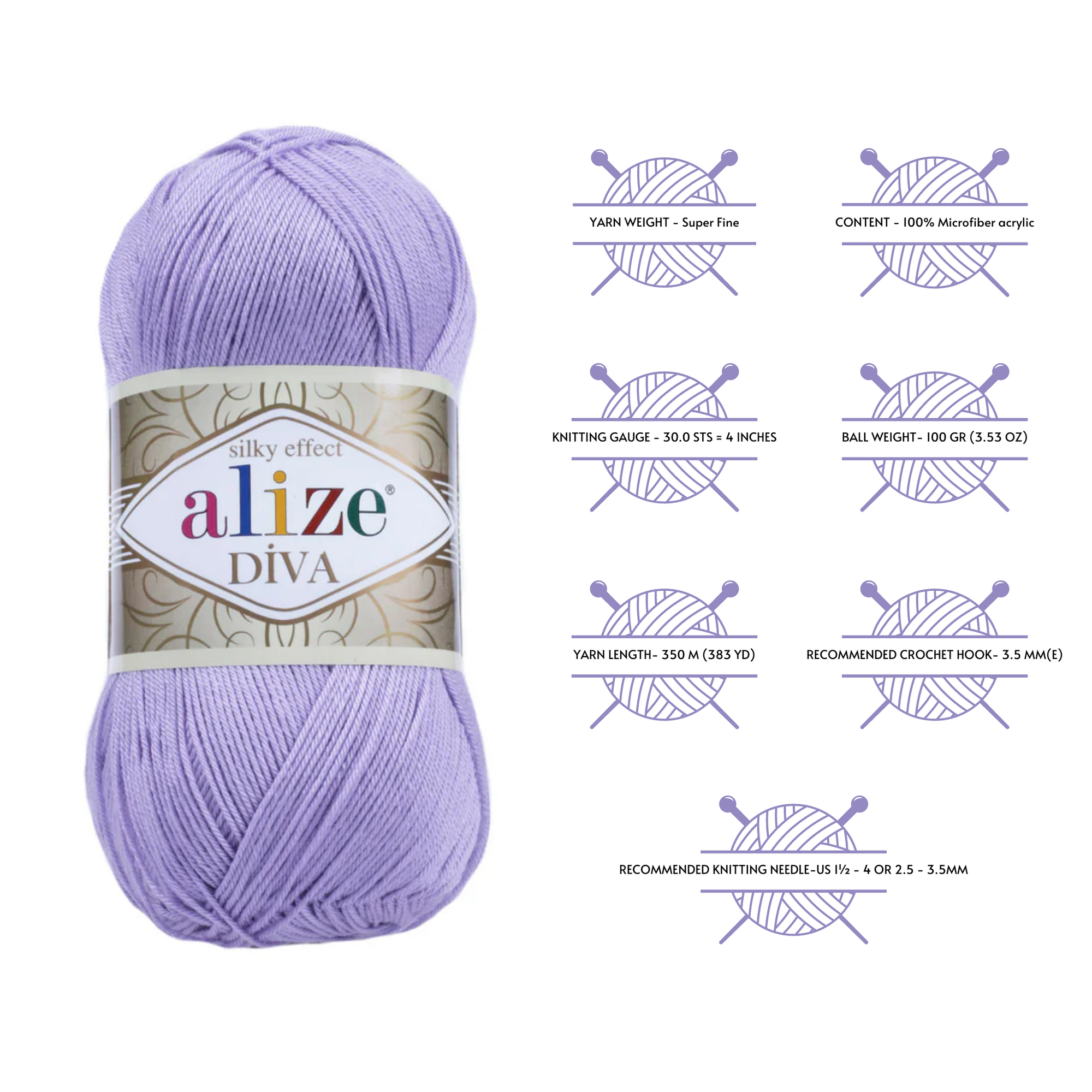 Alize Diva Silky Effect Knitting Yarn, Lilac - 158