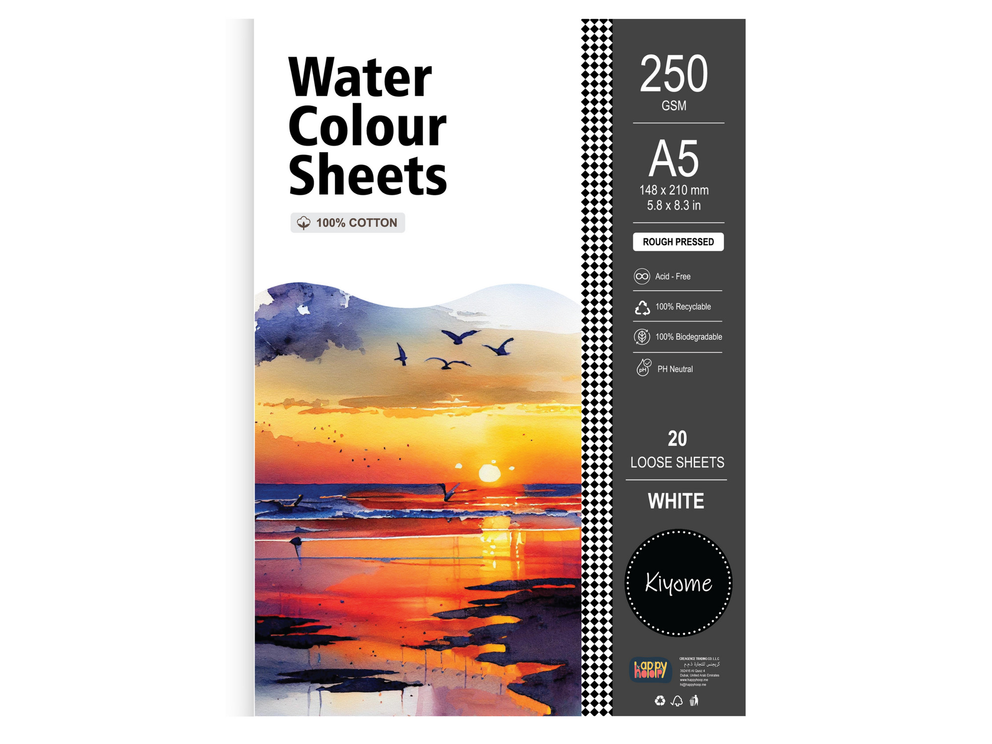 Kiyome 100% Cotton Watercolour Sheets | Rough Pressed | 250 GSM | A5 | 20 Sheets