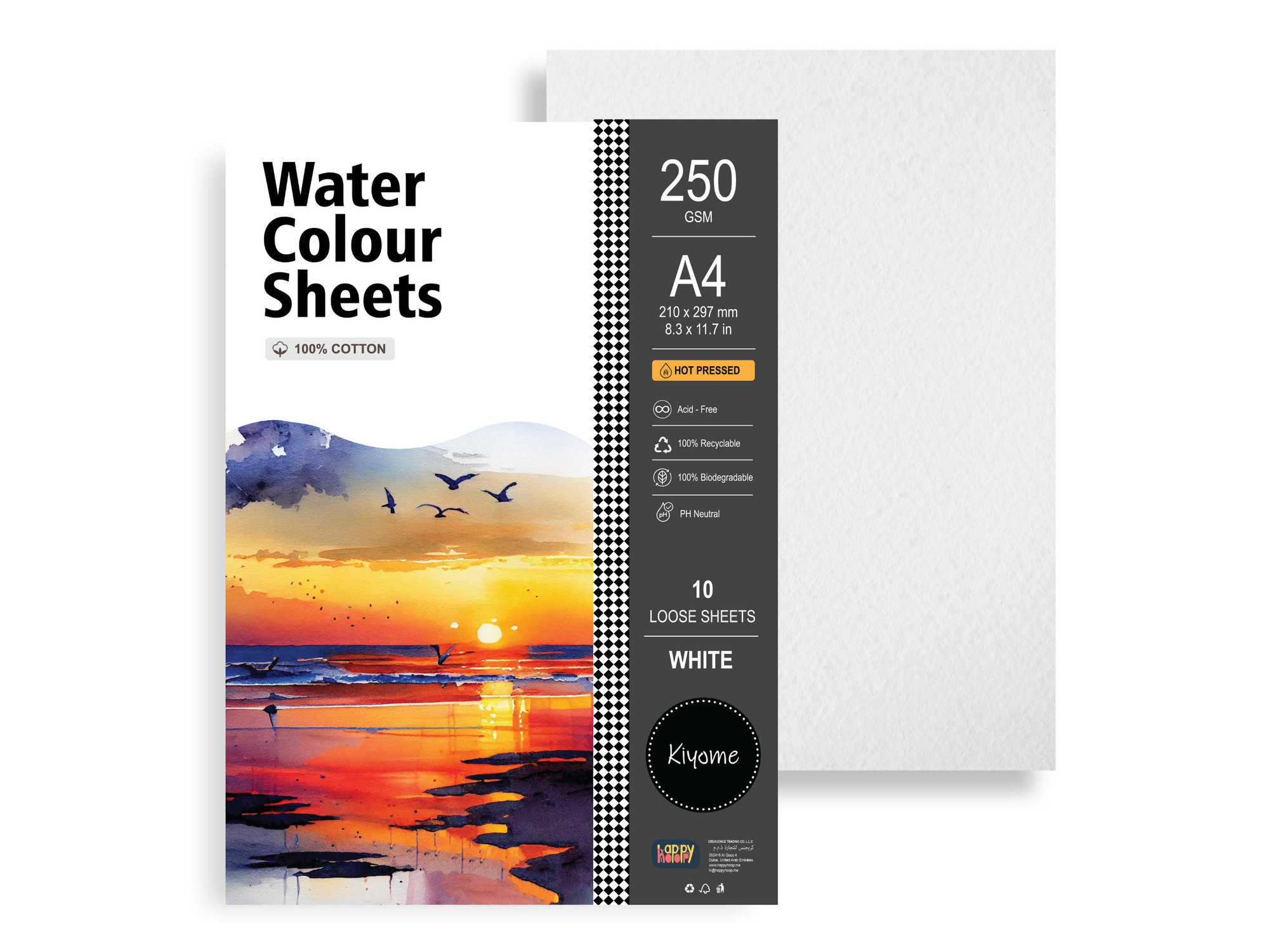 Kiyome 100% Cotton Watercolour Sheets | Hot Pressed | 250 GSM | A4 | 10 Sheets