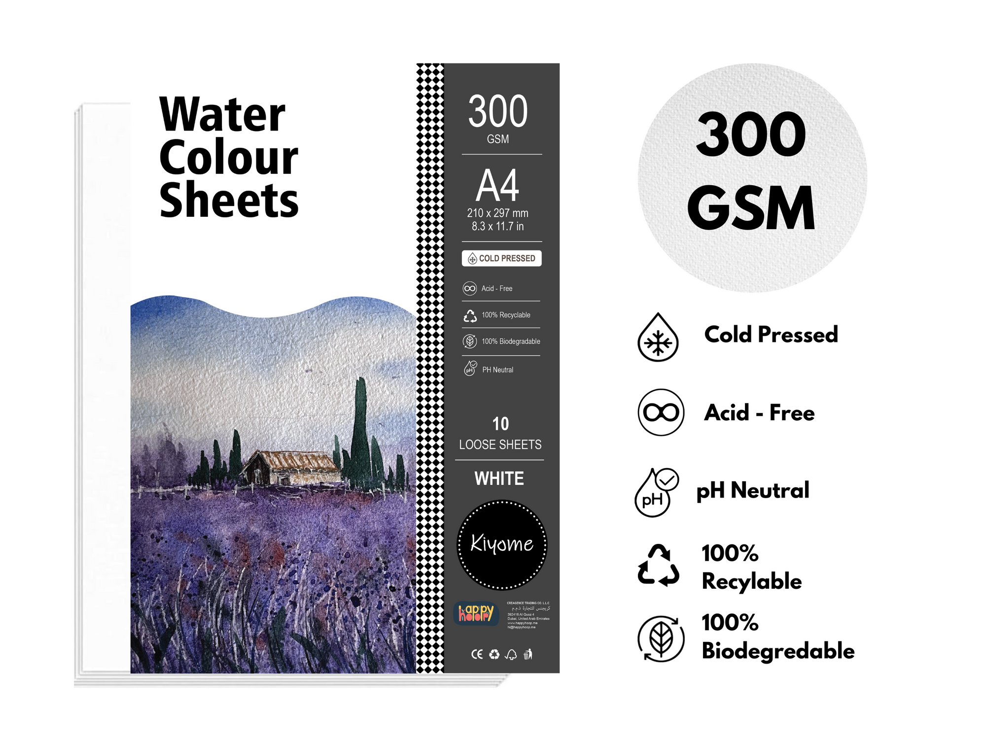 Kiyome Watercolour Sheets | Cold Pressed | 300 GSM | A4 | 10 Sheets