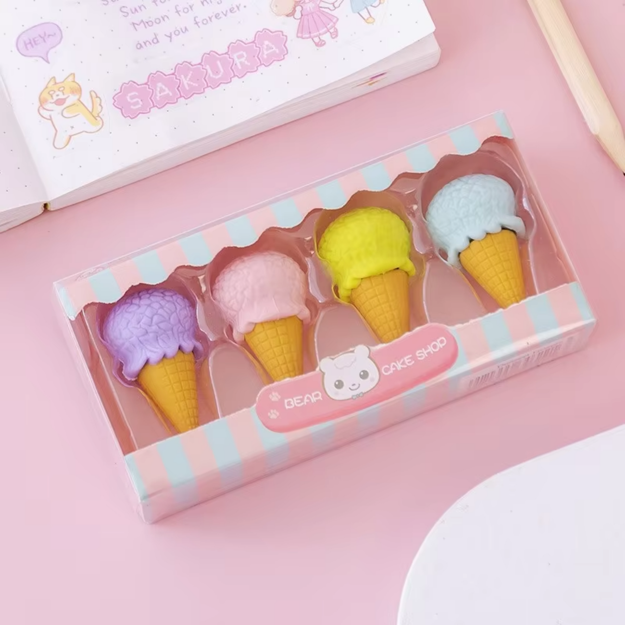 Hot Creative Cartoon Ice Cream Yummy Eraser Set - Pack of 4