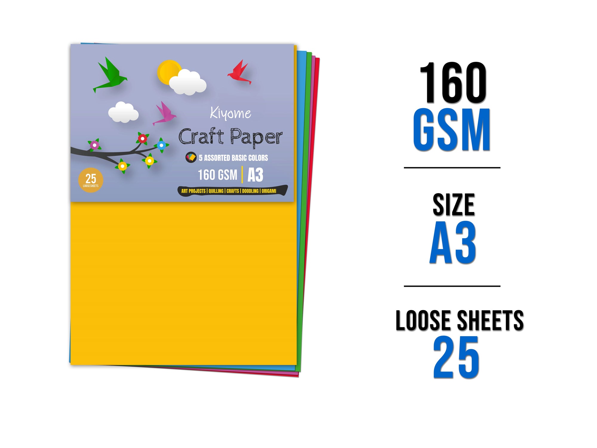 Kiyome Craft Paper | 160 GSM | A3 | 5 Assorted  Colours | 25 Sheets