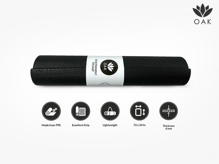 Oak Eco Friendly TPE Yoga Mat | Just Breathe | 72" x 24" | 6 mm | Non Slip | BLACK